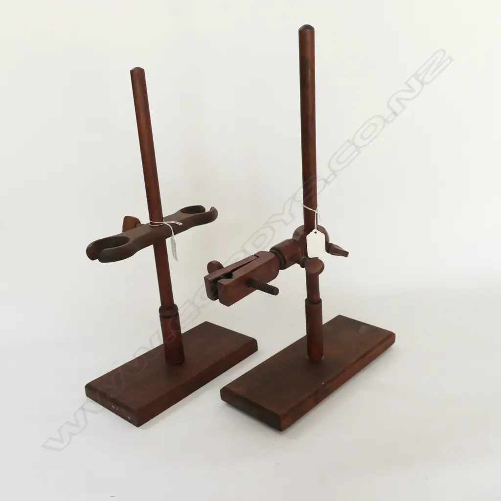 2 WOODEN LAB FLASK STANDS, ONE LABELED 'W & G GEORGE LTD, 157 GREAT CHARLES STREET, BIRMINGHAM' Image 1++